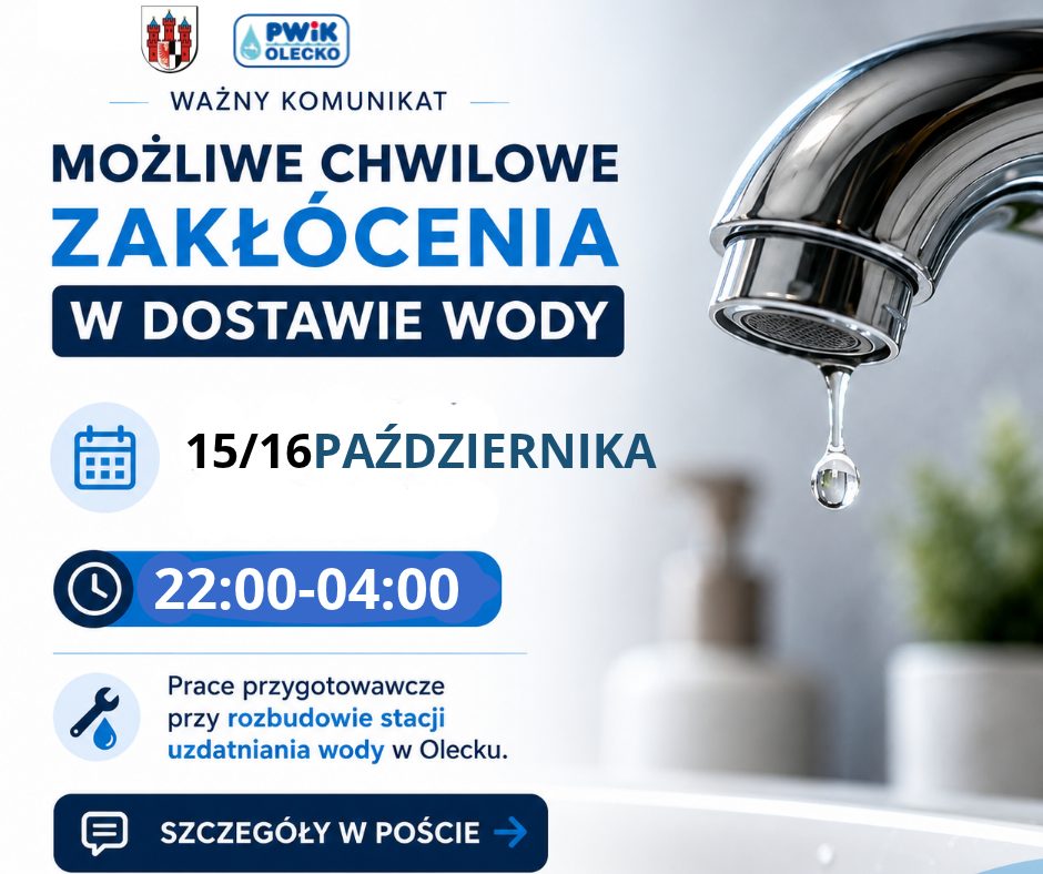 Możliwe zakłócenia w dostawie wody w mieście i gminie Olecko