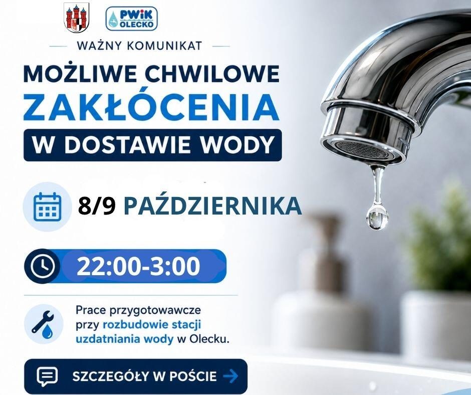 Możliwe zakłócenia w dostawie wody w mieście i gminie Olecko