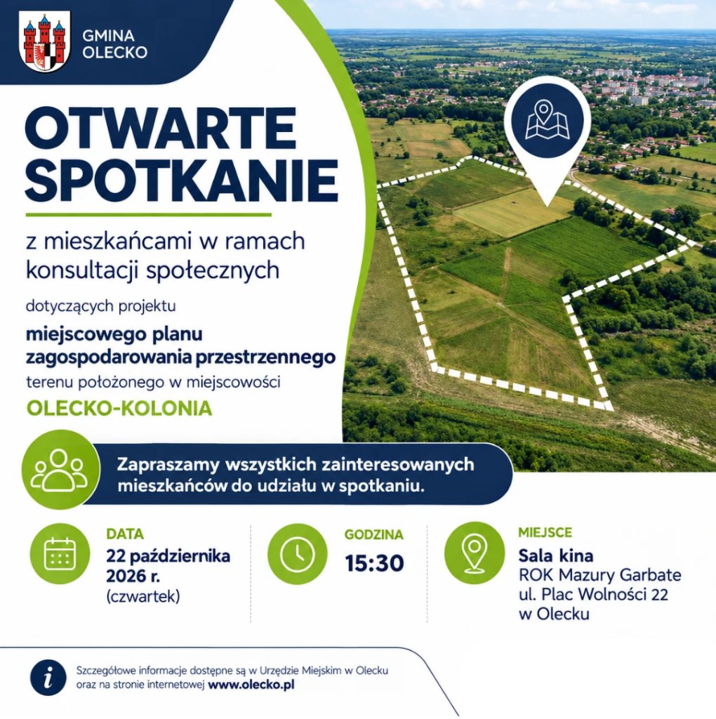 Otwarte spotkanie z mieszkańcami w ramach konsultacji społecznych dotyczących projektu miejscowego planu zagospodarowania przestrzennego terenu położonego w miejscowości Olecko