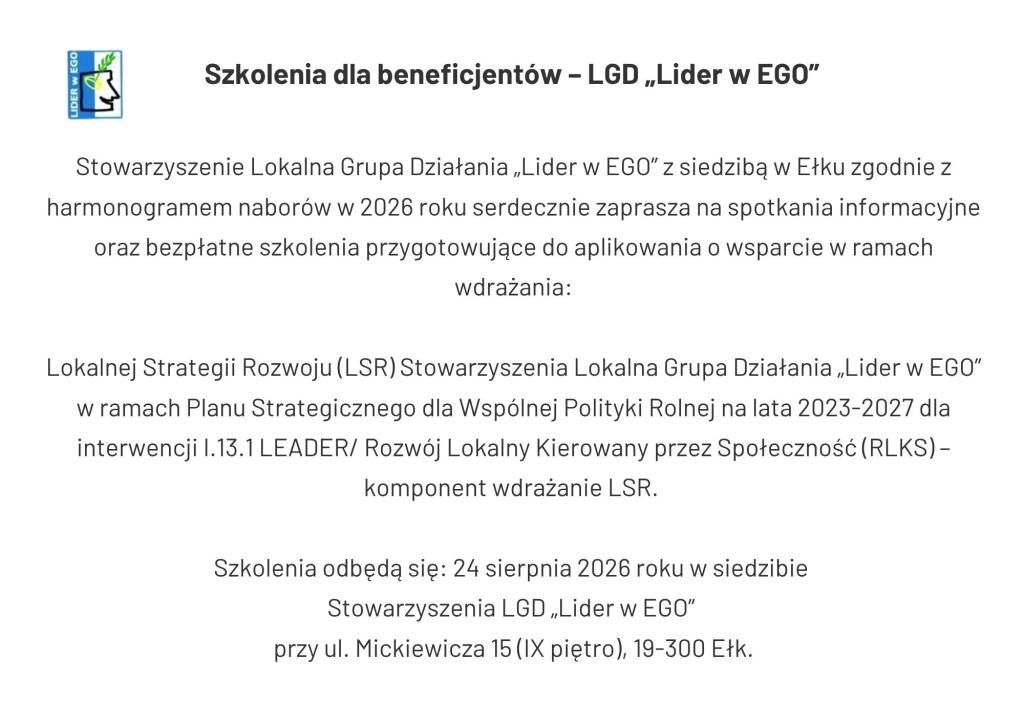 Bezpłatne szkolenia LGD „Lider w EGO” dla beneficjentów